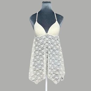 Linea Donatella sheer white lace asymmetrical mini babydoll dress / cami top S
